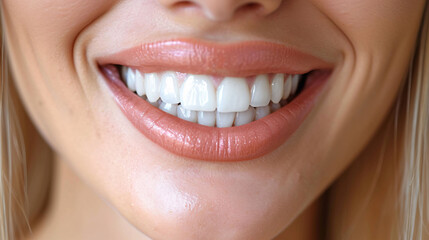 Closeup of beautiful snow-white smile. Ideal strong white teeth, teethcare. Healthcare, stomatological concept for dentists. Only smile on face, fingers near face