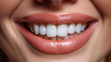 Closeup of beautiful snow-white smile. Ideal strong white teeth, teethcare. Healthcare, stomatological concept for dentists. Only smile on face, fingers near face
