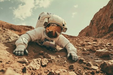 Intriguing Astronaut mars looking rocky ground. Planet desert landscape area exploration. Generate Ai