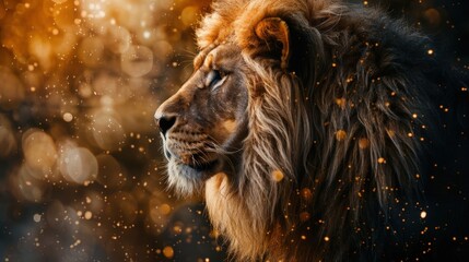 Illustration of a majestic lion portrait with background and copy space. - obrazy, fototapety, plakaty