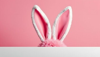 Easter bunny ears with white and pink fur on a pink background. Easter Day