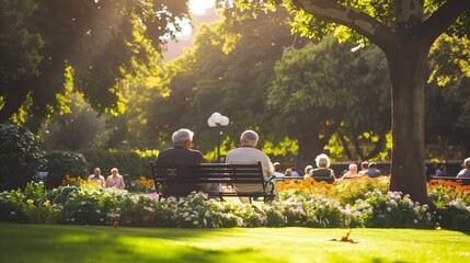 Elderly couple enjoying peaceful time on park bench - obrazy, fototapety, plakaty