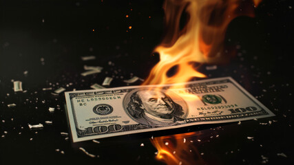 Burning dollar banknote on black background. Concept of financial crisis - obrazy, fototapety, plakaty