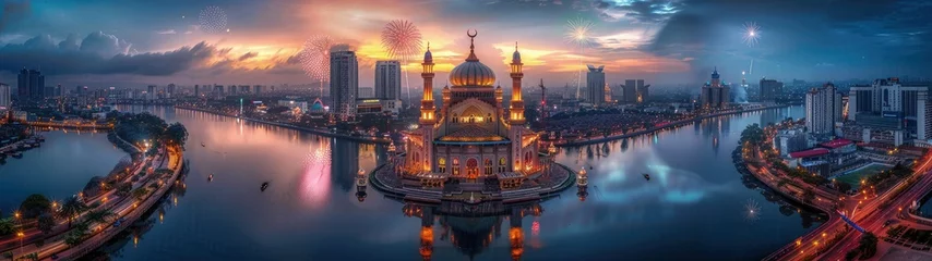 Foto op Plexiglas Ramadan background. Eid al-Fitr celebration night. Best super ultra wide for wallpaper. © pengedarseni