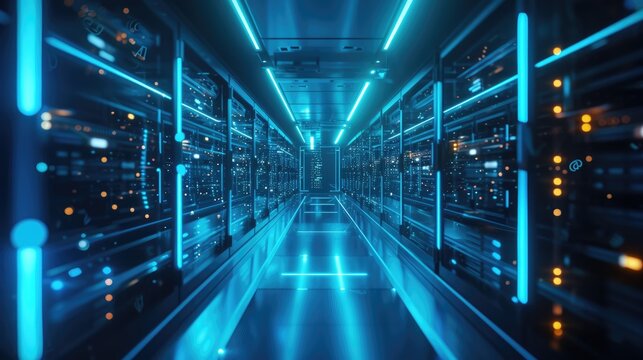 A parallel row of servers, adorned in electric blue, fills a technology-driven data center hallway with a symmetrical display of power and Azure technology. AIG41