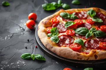Selbstklebende Fototapeten Freshly Baked Pizza with Tomato, Basil, and Vegetables © Boraryn