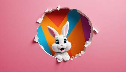 Obraz premium Fluffy bunny jumps out of a torn hole, Rabbit peeking out of a hole in the wall, Colorful Easter bunny poster