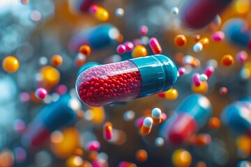 Floating capsule with a myriad of colorful pills - obrazy, fototapety, plakaty