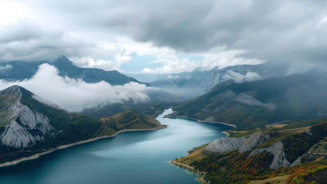 panoramic view of alpine lake and mountains in the clouds