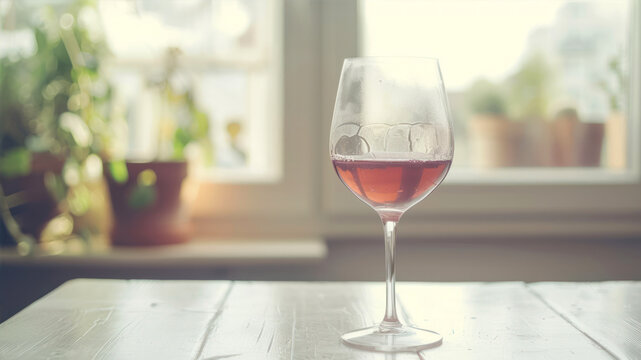 Glass Of Red Wine On Wooden Table In Front Of Window With Copy Space