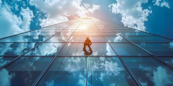 Workers scale skyscraper for glass cleaning using professional climbing equipment . Concept Skyscraper window cleaners, Safety harnesses, High-rise cleaning equipment