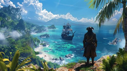 Illustration of a pirate Captain standing on a tropical island waiting for his ship to approach.