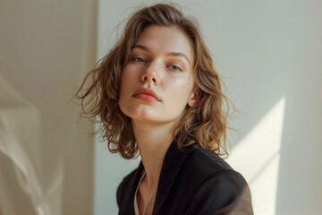 Portrait of a serious businesswoman in the sunlit studio