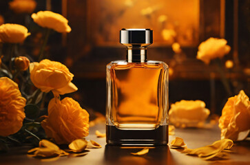 Perfume in a transparent orange color glass bottle stands on a table among yellow roses. Mockup of...