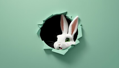 Fluffy bunny jumps out of a torn hole, Rabbit peeking out of a hole in the wall, Soft green Easter bunny poster