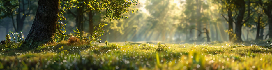 Sunset in the forest. Forest panorama in the bright rays of the morning sun and morning dew with a blurry light background.