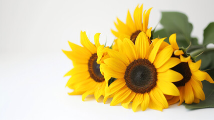 Obraz premium Beautiful yellow sunflowers on a white background with copy space