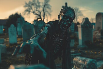 Fototapeta na wymiar Scary halloween concept. Scary zombie in the cemetery