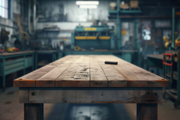 Empty wooden table in factory. Ready for product display montage.