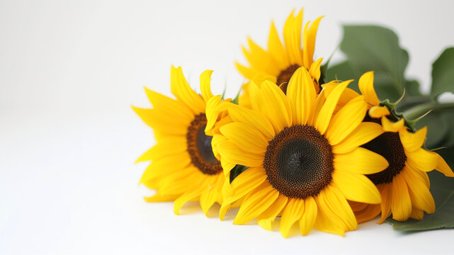 Beautiful yellow sunflowers on a white background with copy space