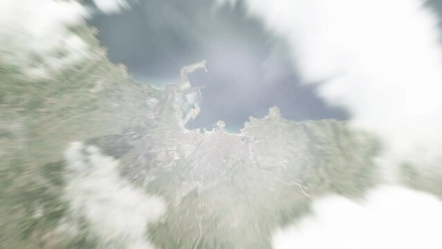 Earth zoom in from space to Gijon, Spain. Followed by zoom out through clouds and atmosphere into space. Satellite view. Travel intro. Images from NASA