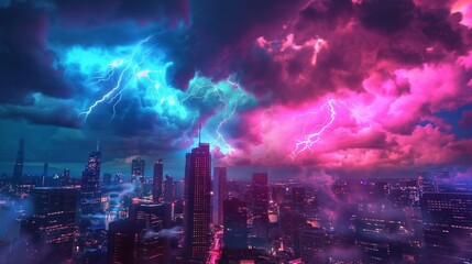 A neon-infused thunderstorm brewing over a cityscape, with electrifying waves of color. - obrazy, fototapety, plakaty