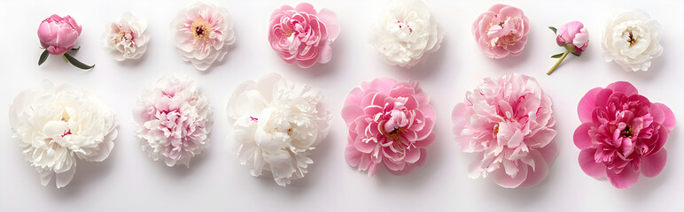 Assorted white and pink peony flower heads isolated on white background.