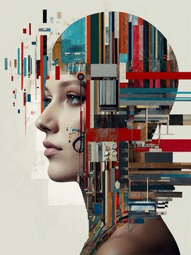 Retrato collage de arte moderno abstracto de mujer de perfil  y bbstracci&oacute;n tecnol&oacute;gica 