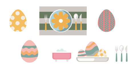 Fototapeta premium Easter eggs for a party, a food fountain, a fabric tablecloth with texture and stripes, a plate, cutlery (fork, spoon, knife) for a picnic