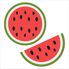 Juicy watermelon fruit in white, green, black, and pink colors with fruit seeds, summer fruit decoration, and decorative texture, circular geometric vector illustration