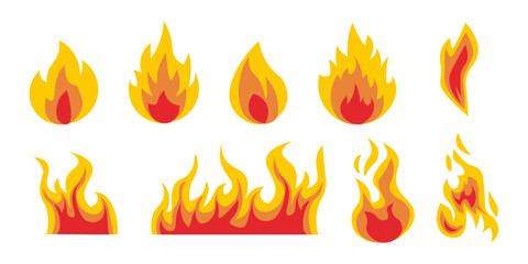 A set of fire elements against a black background, showcasing yellow, red, and orange colors in different intensities depicting various strengths of flames © Bianca