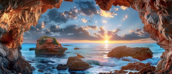 Natural Rock Arches in Ocean, Stone Arches Sunset View, Fantastic Coastline Landscape, Ocean Arches
