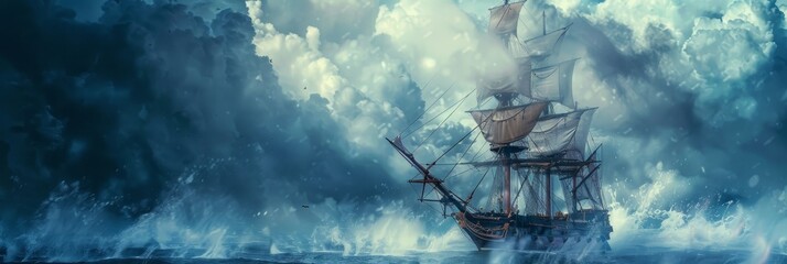 Antique Ship in Storm, Vintage Pirate Boat, Historical Sailboat, Copy Space