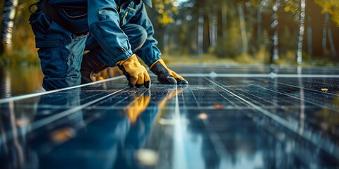 Engineer enhancing solar panel performance by removing dust and maintaining cleanliness. Concept Renewable Energy, Solar Panel Maintenance, Engineering Solutions, Dust Removal Techniques