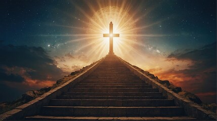 cross on the top of the hill with stair to heaven  - obrazy, fototapety, plakaty