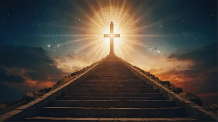 Foto op Plexiglas cross on the top of the hill with stair to heaven  © azait24