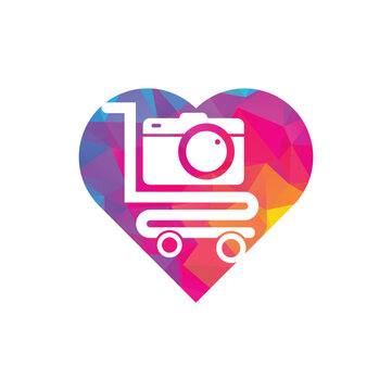 Camera Shop heart shape concept Logo vector icon. Shopping Cart with Camera Lens Logo Design Template.