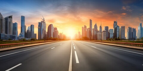 Obraz premium Long Empty Asphalt Road, Sunrise City Skyline, Large Wide Road to City Buildings, Skyscrapers View