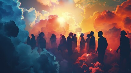 silhouette of a group of people in a colored cloud - obrazy, fototapety, plakaty