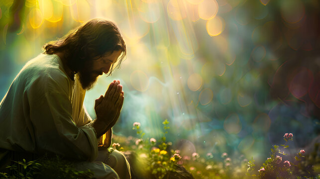 Jesus in intense prayer and supplication before betrayal and crucifix in the garden of Gethsemane, copy space. Good news gospel, thy will be done. Jesus on the meadow folded prayer hands at sunset 