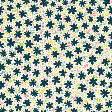 Retro colorful floral seamless repeat pattern. Random placed, vector botanical and abstract aop all over surface print on white background.