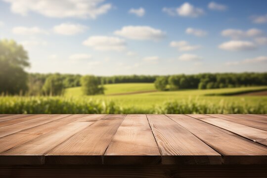 Empty wooden table for product display with blurred nature background, Ai Generated