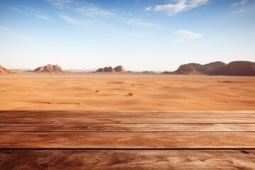Empty wooden table over desert background, Ai Generated
