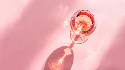 Summer alcohol drink pattern with glass of rose sparkling wine top view, dark shadows on pastel pink background, Generative AI.