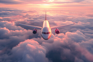 Naklejka na ściany i meble Commercial airplane flying above the clouds at sunset, front view