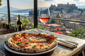 Pizza and a glass of wine on a restaurant table outdoors, with a panorama of Naples in the background