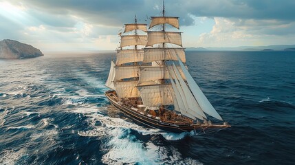 Regatta of sailing ships with white sails on the high seas. Aerial view of a sailboat in a windy state, Summer journey, Generative AI - obrazy, fototapety, plakaty