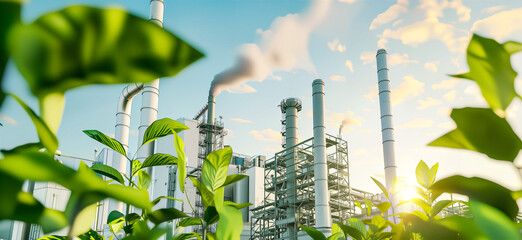 Green industry eco power for sustainable energy saving environmental friendly low carbon footprint. Green factory industry for good environment ozone air low carbon footprint production concept.	