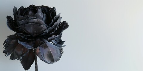 rose flower made of iridescent black bird feathers. 