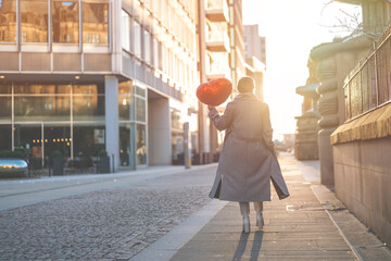 middle-aged happy woman with a heart-shaped balloon falling a love, having a fun day, walking around English city Spring is in the air Lifestyle, tourism, valentines day, world woman's day concept
